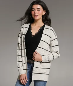BKE Cable Striped Cardigan Sweater Beige Charcoal Outlet