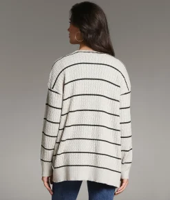 BKE Cable Striped Cardigan Sweater Beige Charcoal Outlet