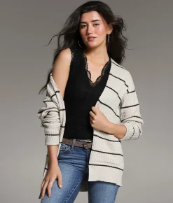 BKE Cable Striped Cardigan Sweater Beige Charcoal Outlet