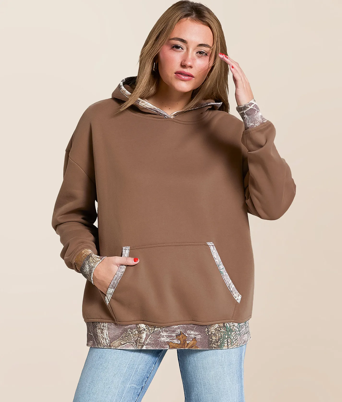 Tops | Gilded Intent Camo Trim Hooded Sweatshirt Washed Brown