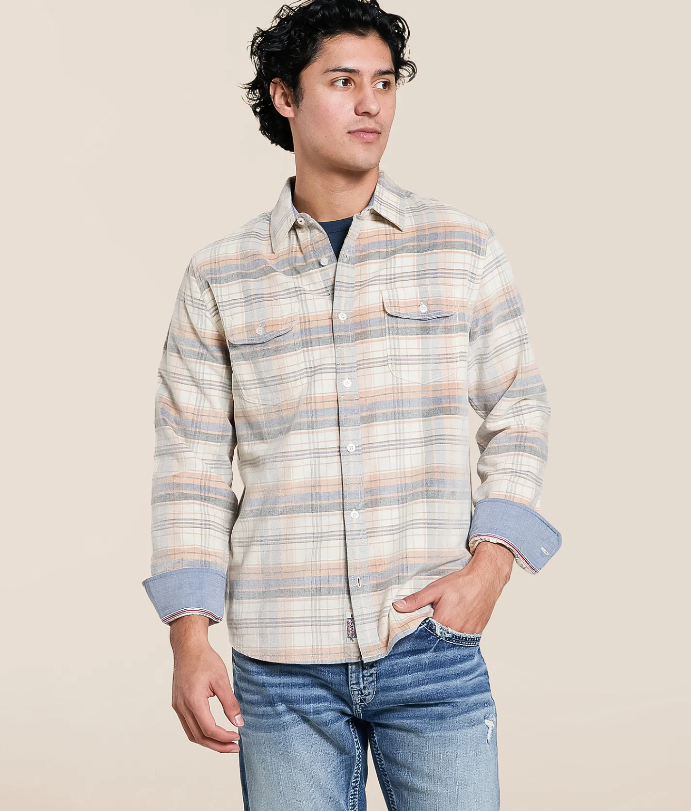 Tops | Flag & Anthem Campbell Plaid Shirt Cream Blue Rust
