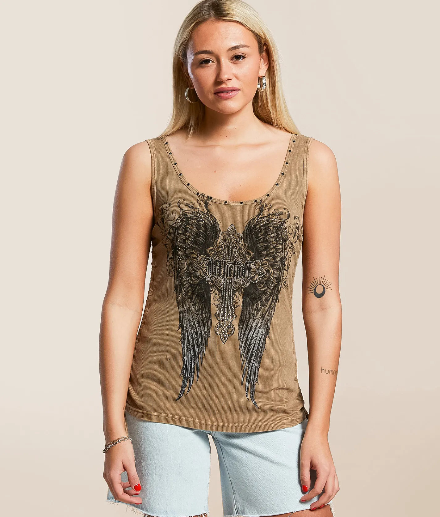 Tops | Affliction Capri Tank Top Pine Bark Lava Wash