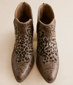 Very G Carly Leopard Floral Ankle Boot Tan Leopard New