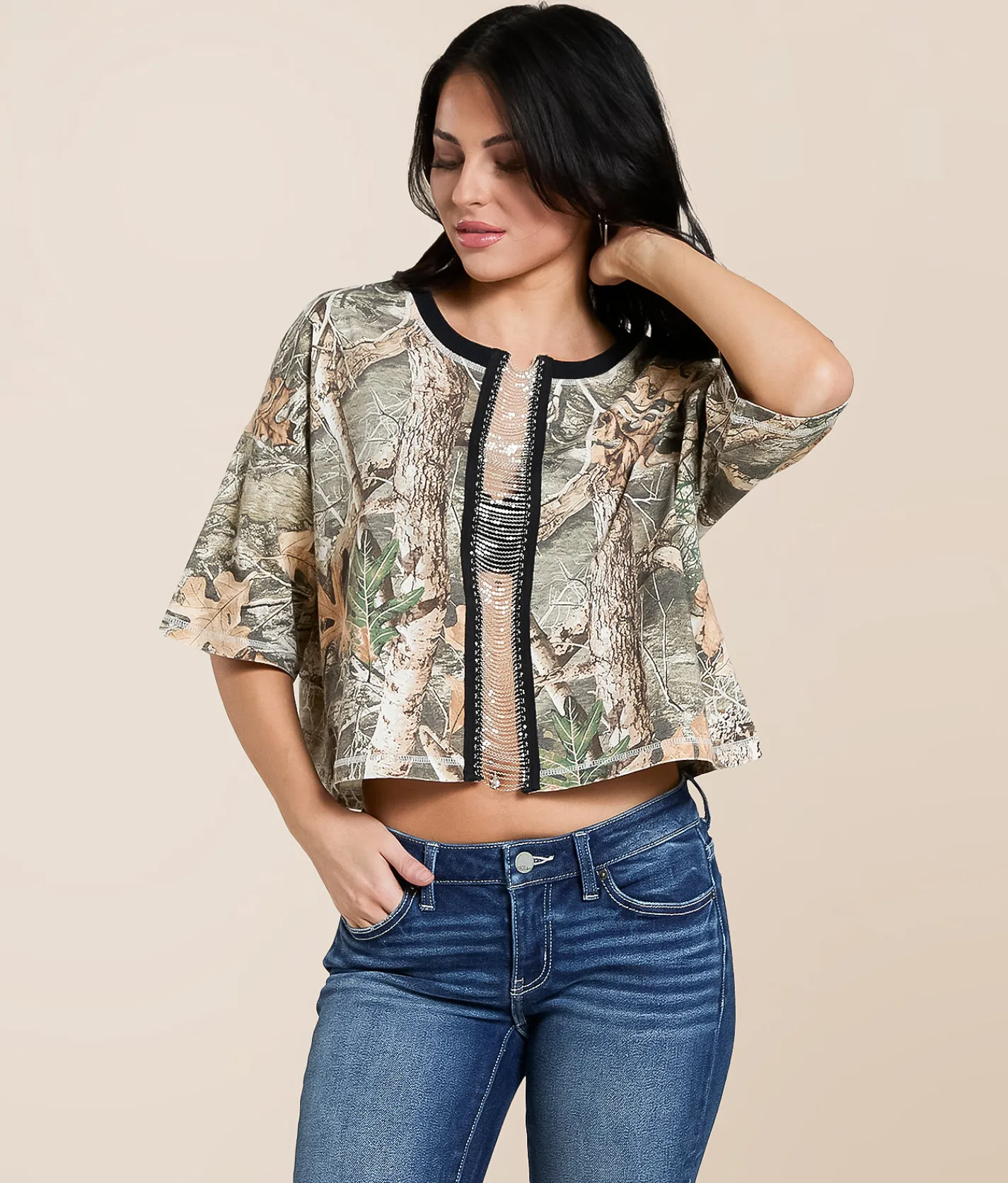 Tops | Gilded Intent Chain Camo Cropped T-Shirt Camo Print