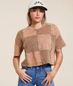 Tops | Gilded Intent Checkered Boxy Cropped T-Shirt Washed Brown