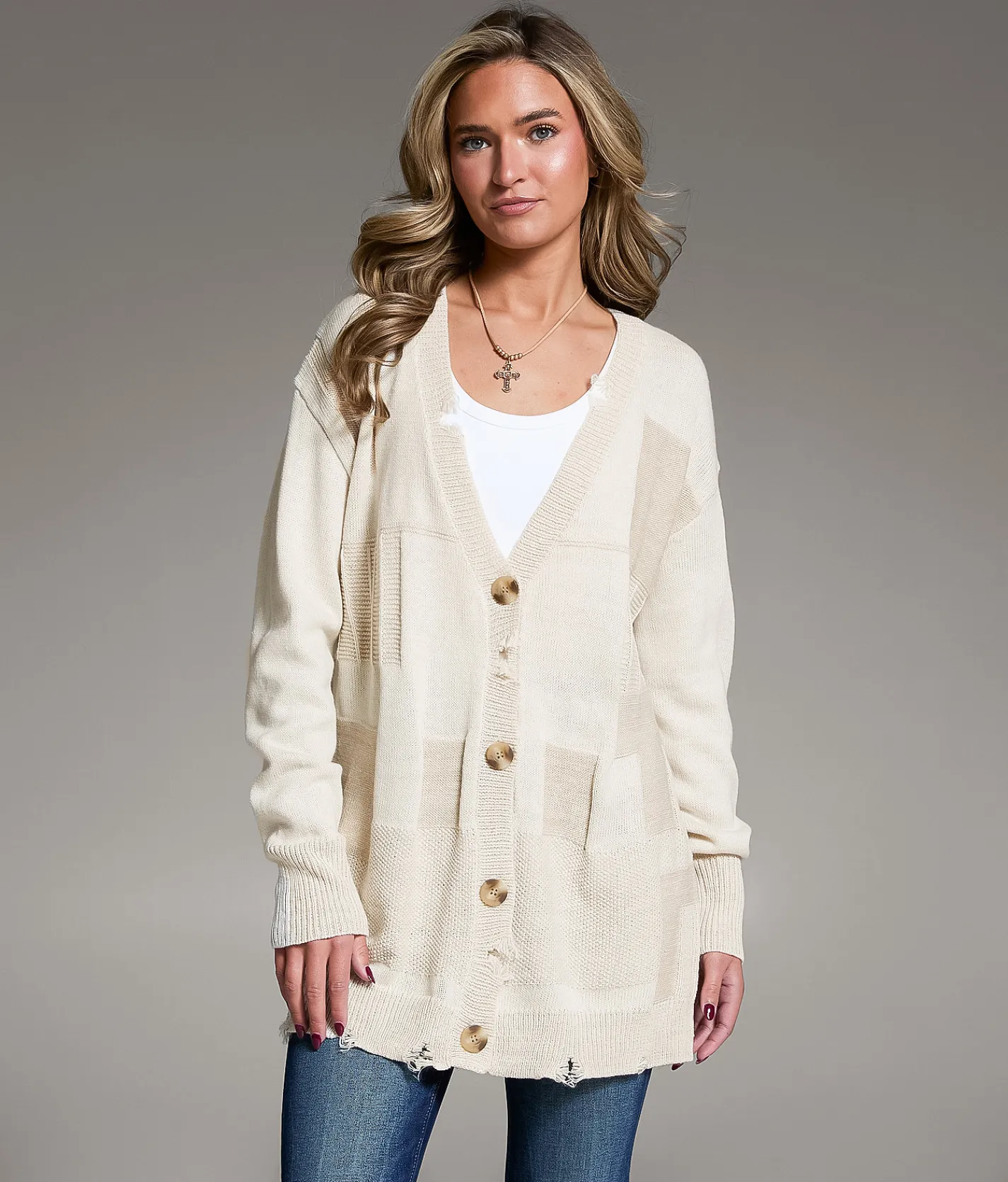 BKE Checkered Cardigan Sweater Beige Marl New