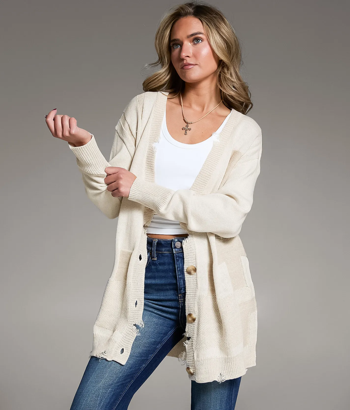 BKE Checkered Cardigan Sweater Beige Marl New