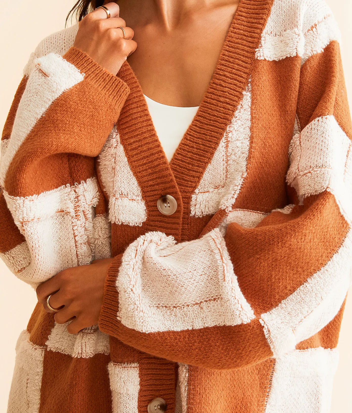 Tops | BiBi Checkered Cardigan Sweater Rust Combo