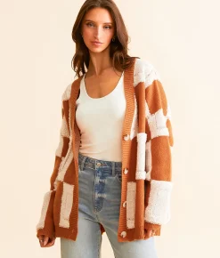 Tops | BiBi Checkered Cardigan Sweater Rust Combo