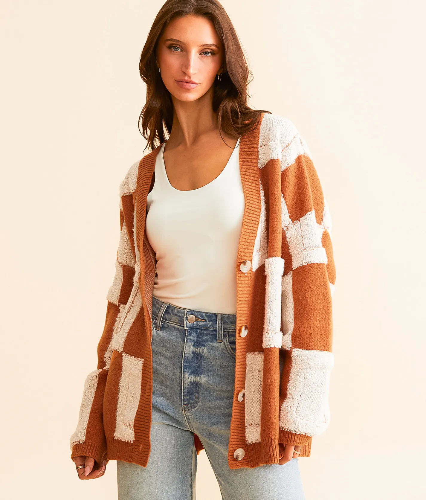 Tops | BiBi Checkered Cardigan Sweater Rust Combo