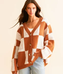 Tops | BiBi Checkered Cardigan Sweater Rust Combo