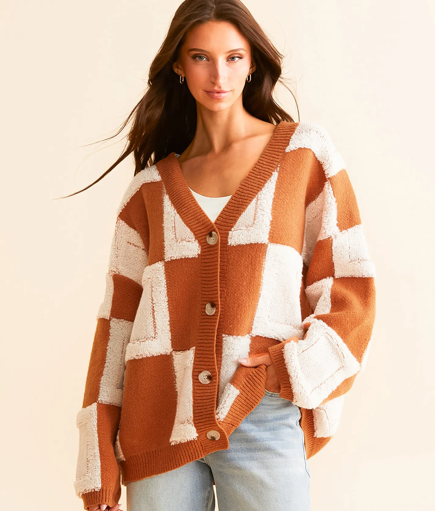 Tops | BiBi Checkered Cardigan Sweater Rust Combo