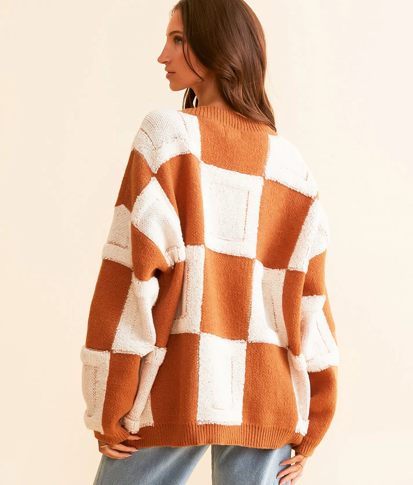 Tops | BiBi Checkered Cardigan Sweater Rust Combo