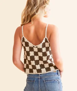 Willow & Root Checkered Crochet Cropped Tank Top Brown Cream Outlet