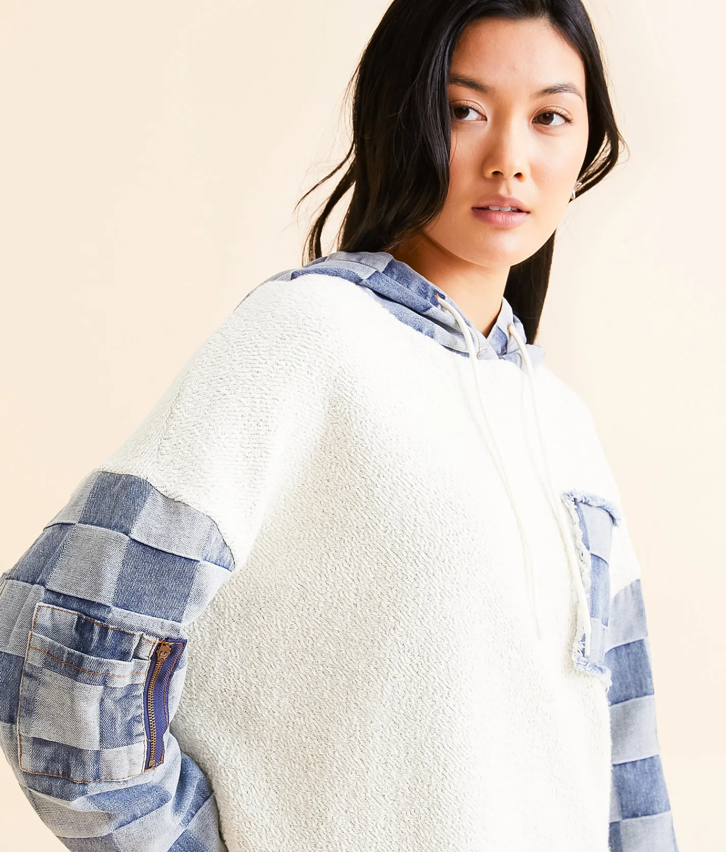 Tops | BiBi Checkered Denim Hooded Sweatshirt Ivory Denim
