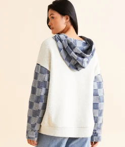 Tops | BiBi Checkered Denim Hooded Sweatshirt Ivory Denim