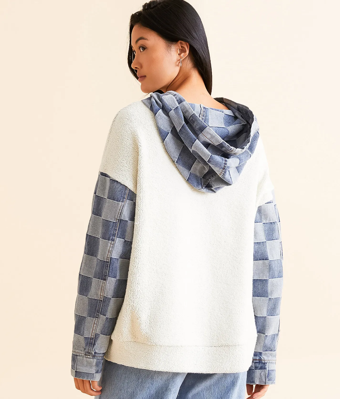 Tops | BiBi Checkered Denim Hooded Sweatshirt Ivory Denim