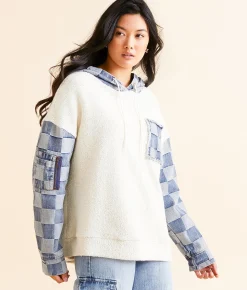 Tops | BiBi Checkered Denim Hooded Sweatshirt Ivory Denim