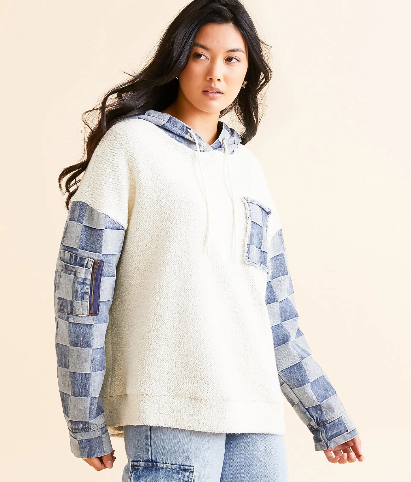 Tops | BiBi Checkered Denim Hooded Sweatshirt Ivory Denim