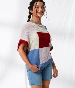 Tops | 33 Coastal Checkered Dolman Cropped Sweater Blue Pink Multi