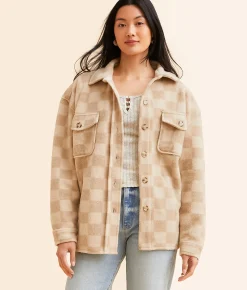 Open SZN Checkered Fleece Shacket Cream Multi Best