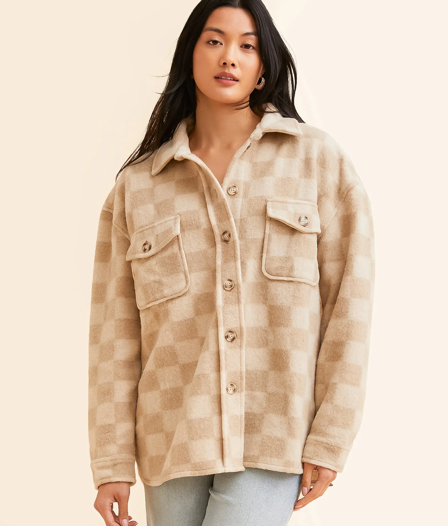 Open SZN Checkered Fleece Shacket Cream Multi Best