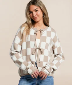 Tops | Willow & Root Checkered Front Tie Cardigan Sweater Cream Taupe
