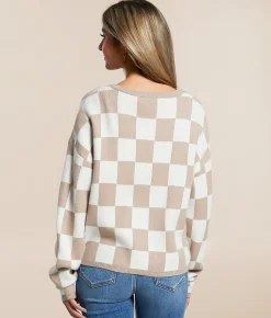 Tops | Willow & Root Checkered Front Tie Cardigan Sweater Cream Taupe