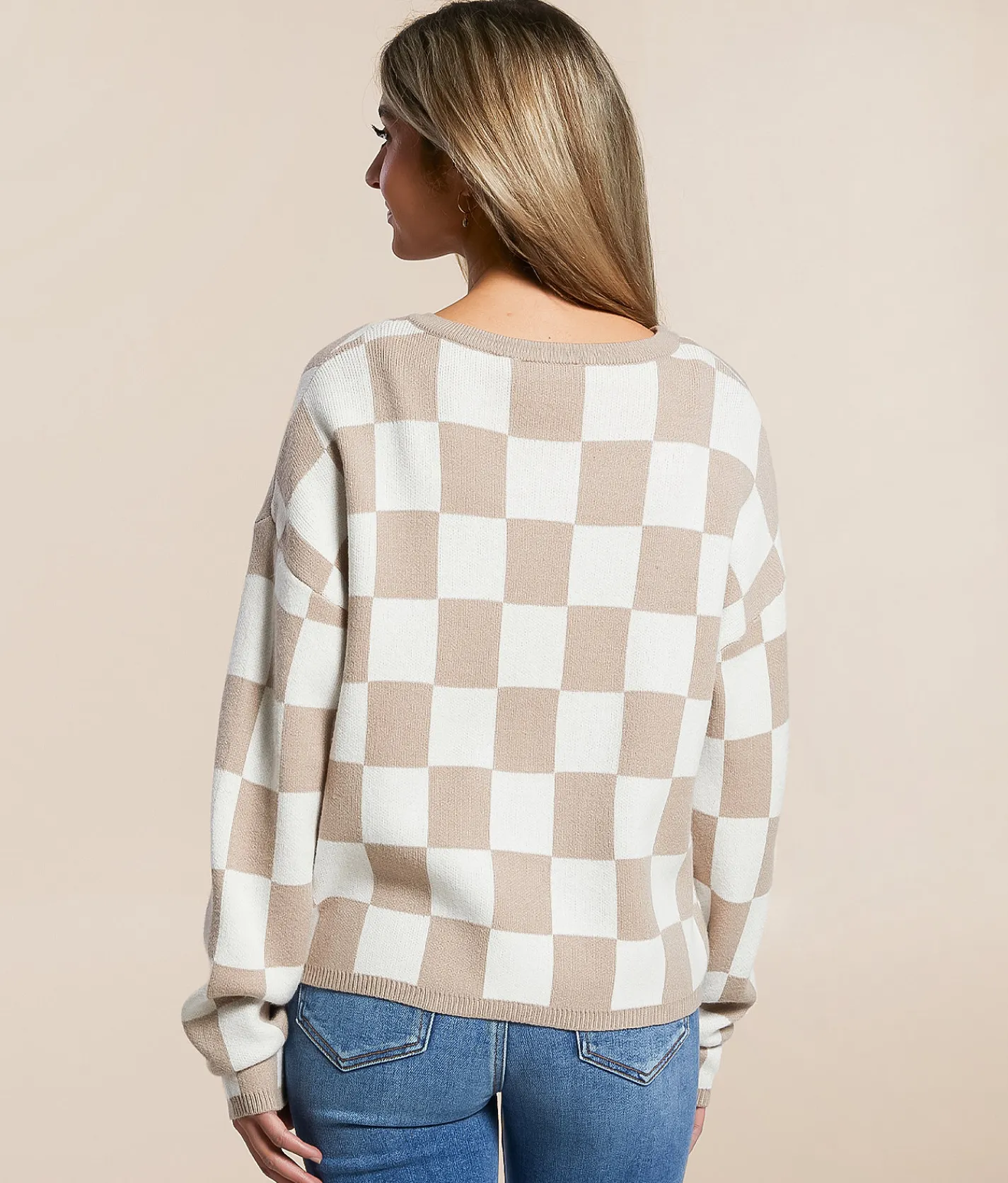 Tops | Willow & Root Checkered Front Tie Cardigan Sweater Cream Taupe