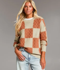 BKE Checkered Knit Sweater Sable Dune Cream Best