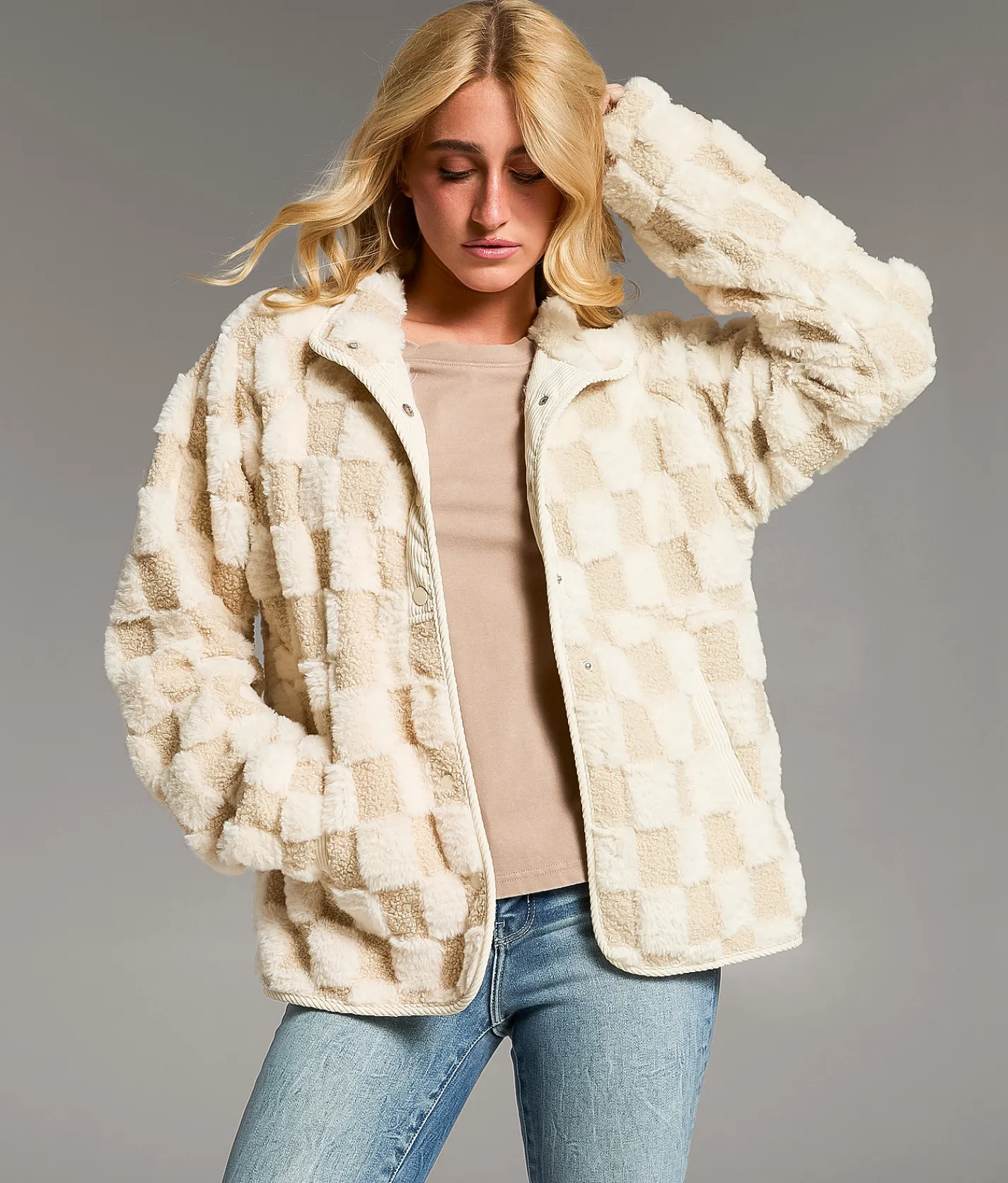 BKE Checkered Sherpa Jacket Checkered Taupe Outlet