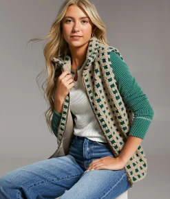 BKE Checkered Sherpa Vest Olive Taupe Outlet