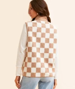 Tops|Coats & Jackets | Blu Pepper Checkered Sherpa Vest Brown Cream