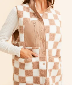 Tops|Coats & Jackets | Blu Pepper Checkered Sherpa Vest Brown Cream