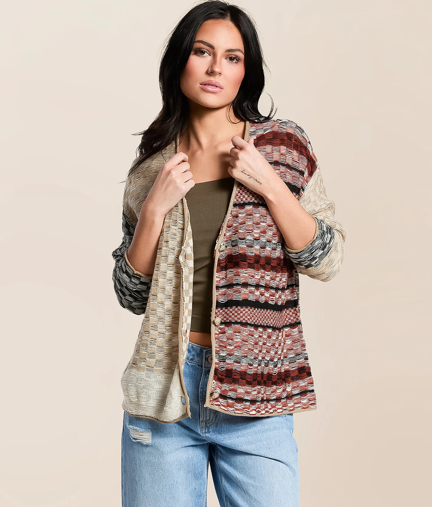 Tops | Gilded Intent Checkered Stitch Cardigan Sweater Multi