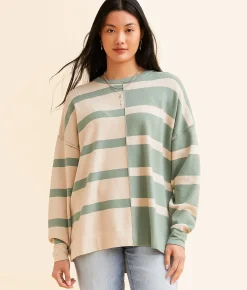 BKE Checkered Tunic Pullover Green Cream Stripe Hot