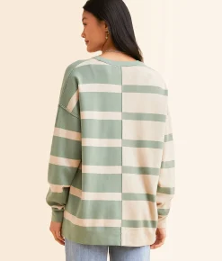 BKE Checkered Tunic Pullover Green Cream Stripe Hot
