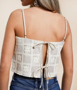 Tops | Emory Park Checker Floral Crochet Cropped Tank Top Taupe Cream