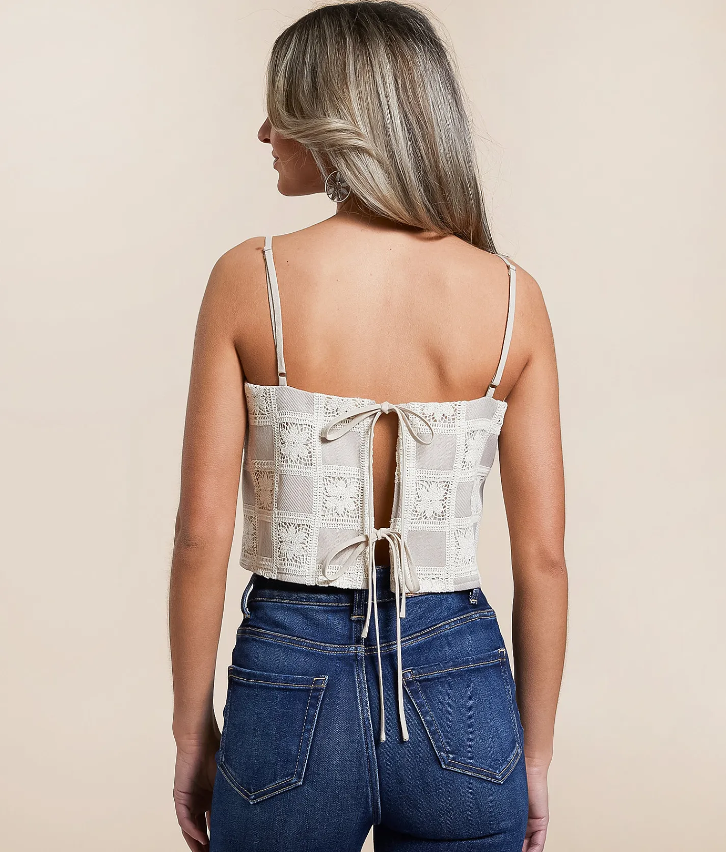 Tops | Emory Park Checker Floral Crochet Cropped Tank Top Taupe Cream