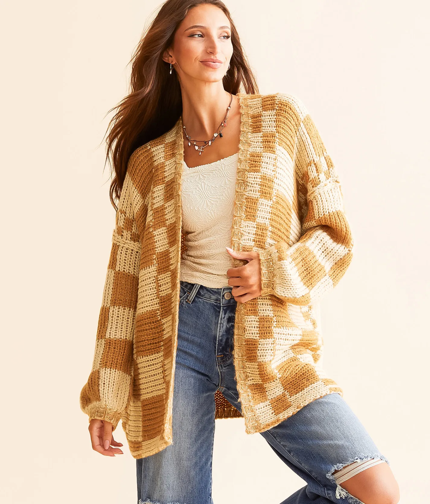 Tops | BKE Checker Oversized Cardigan Sweater Brown Combo