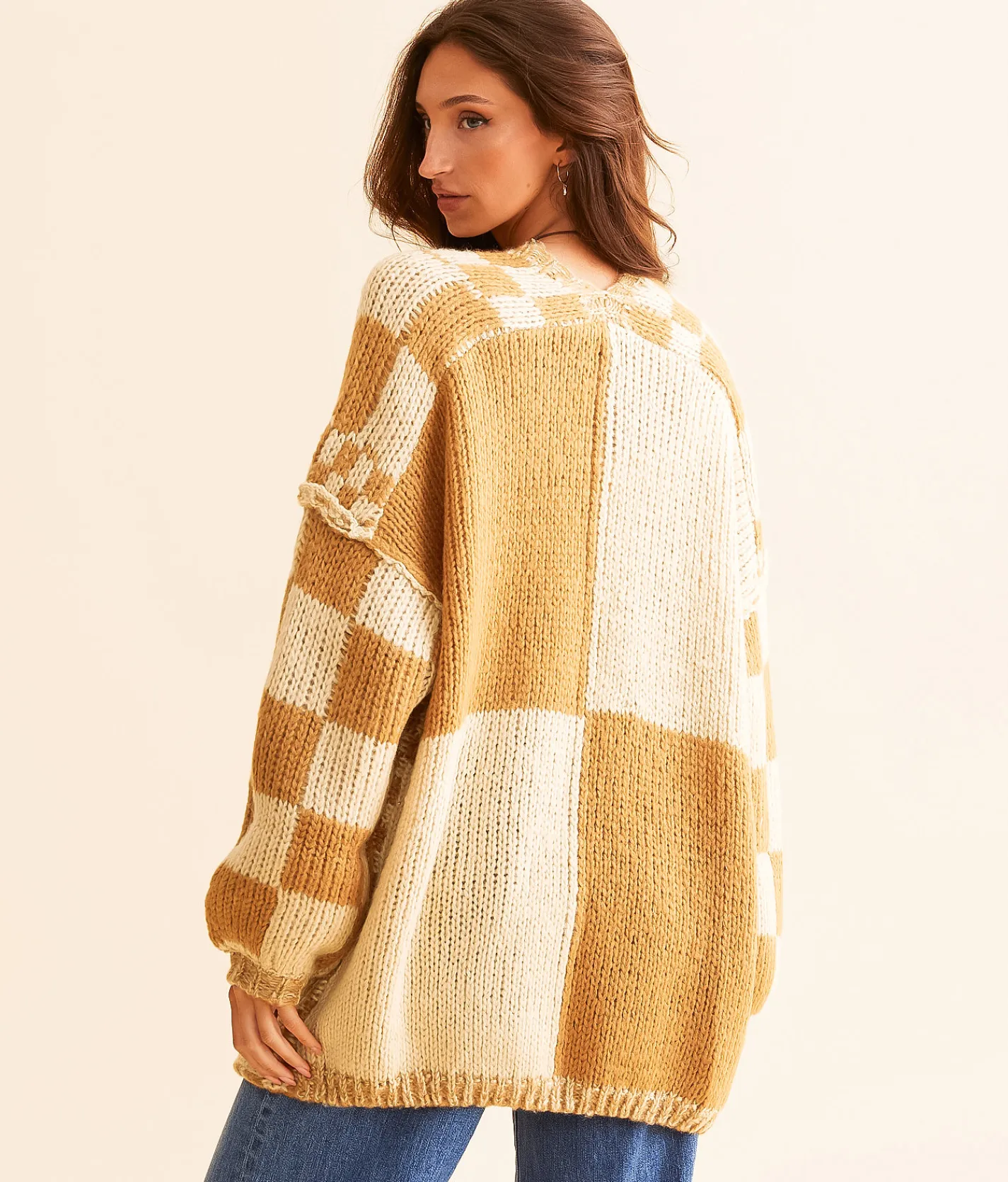Tops | BKE Checker Oversized Cardigan Sweater Brown Combo