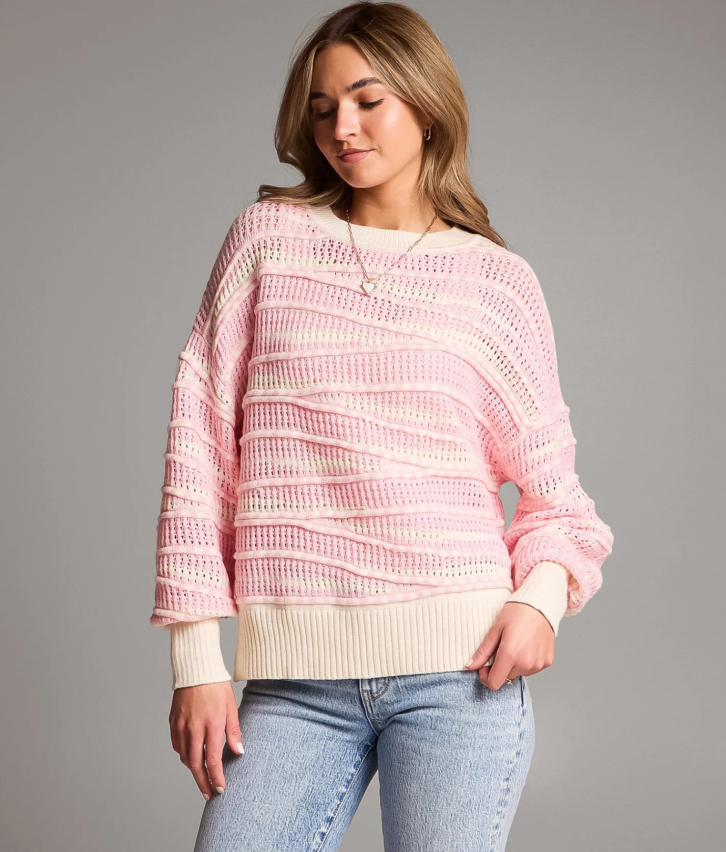 BKE Checker Striped Sweater Pink Best
