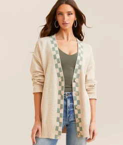 Tops | BKE Checker Trim Cardigan Sweater Cream Grn