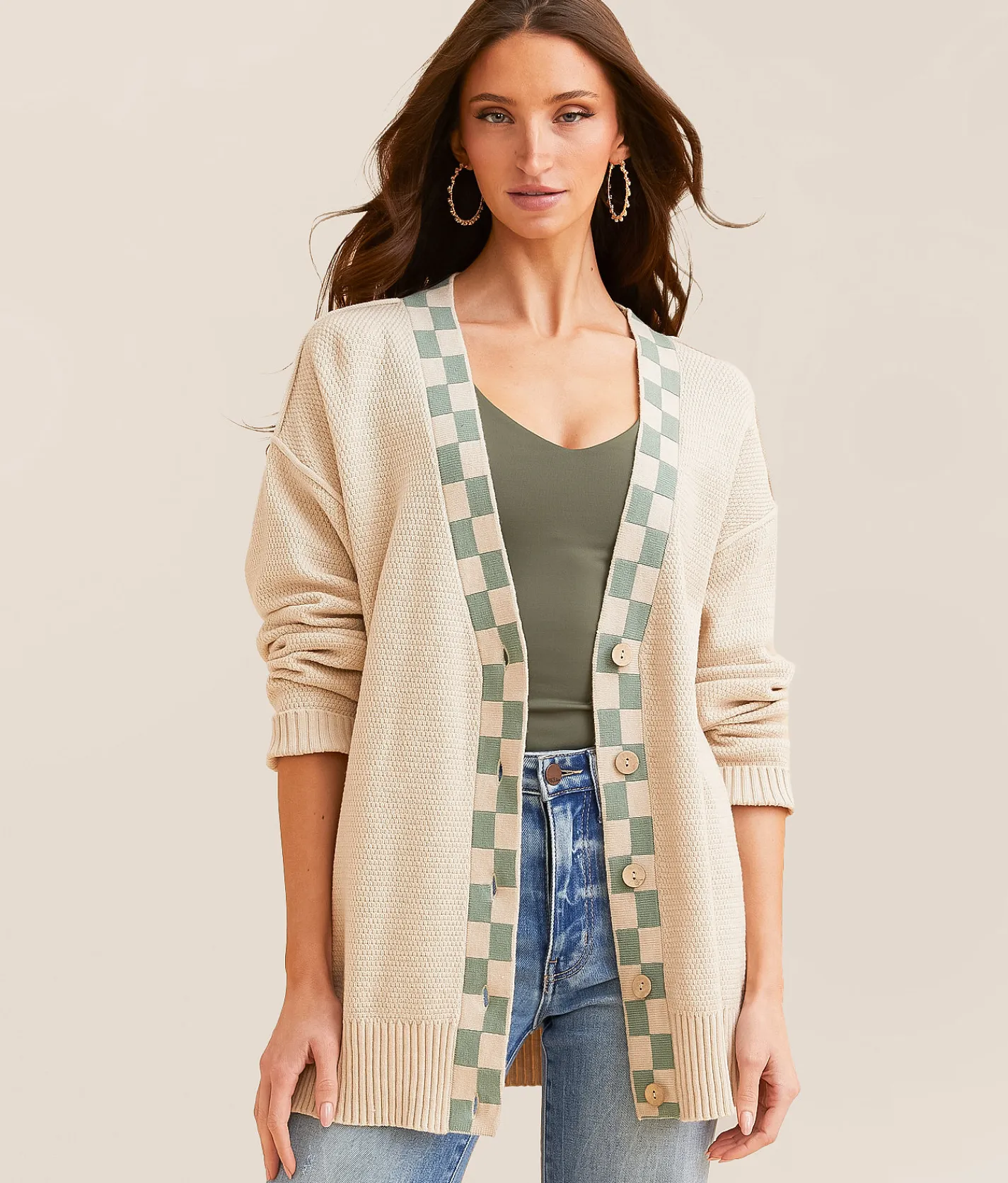 Tops | BKE Checker Trim Cardigan Sweater Cream Grn