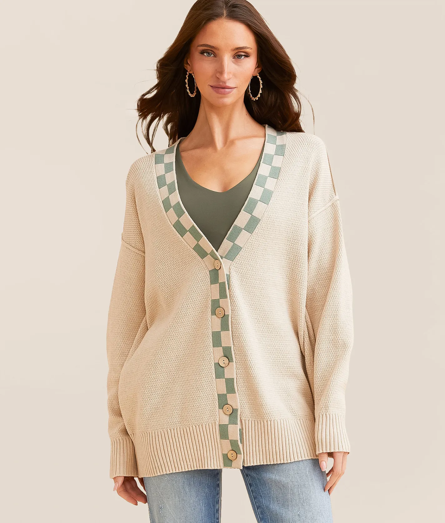 Tops | BKE Checker Trim Cardigan Sweater Cream Grn