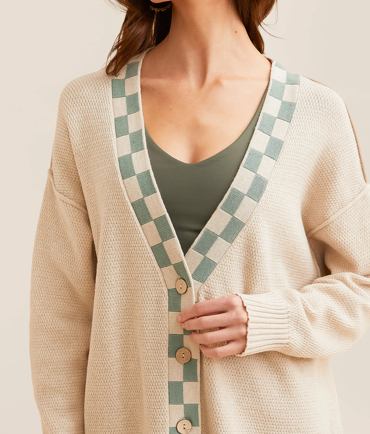 Tops | BKE Checker Trim Cardigan Sweater Cream Grn