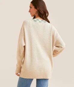 Tops | BKE Checker Trim Cardigan Sweater Cream Grn