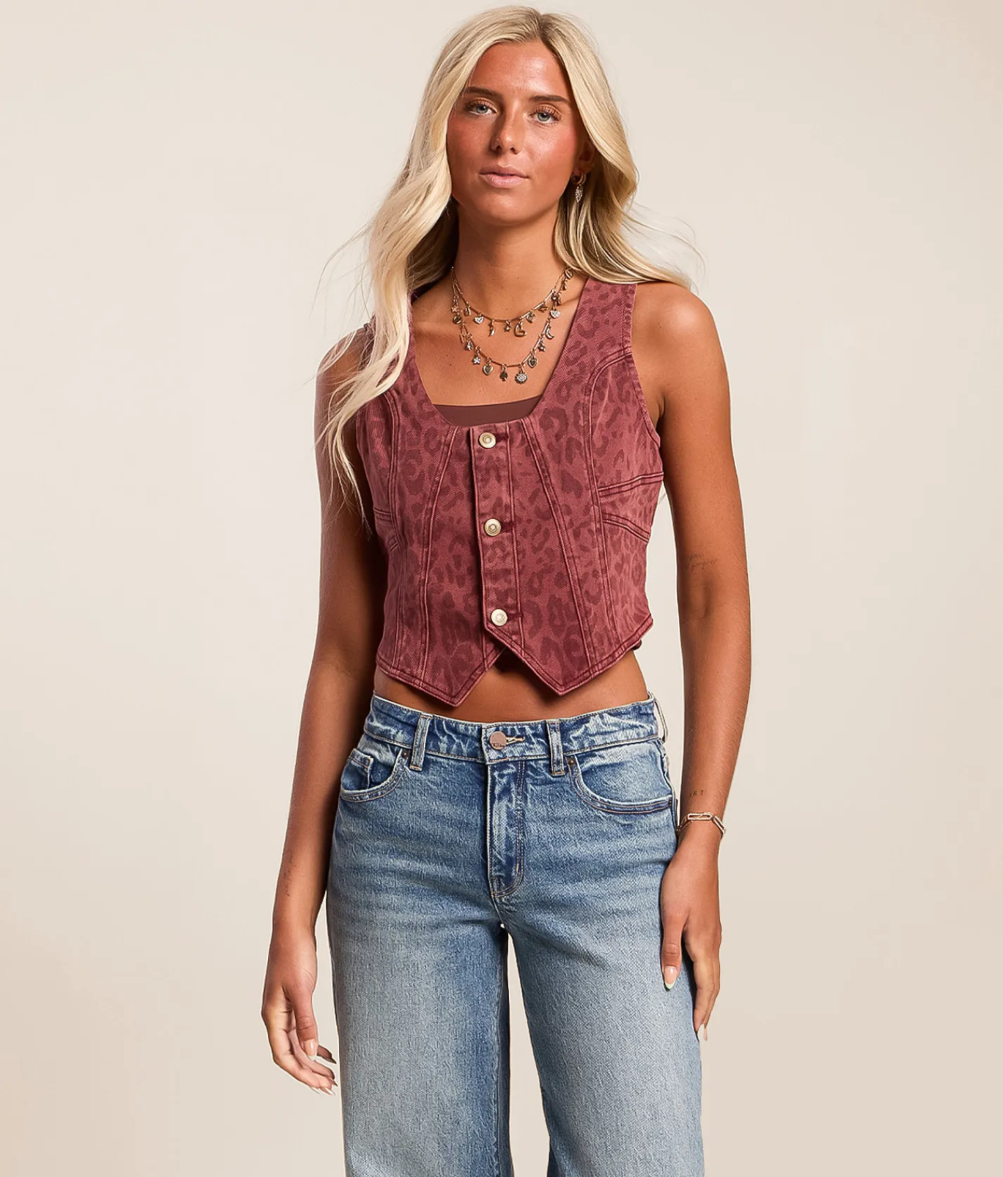 Coats & Jackets | Willow & Root Cheetah Denim Stretch Vest Burgundy