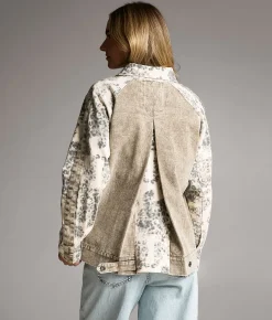 BKE Cheetah Print Denim Jacket Cream Olive Outlet