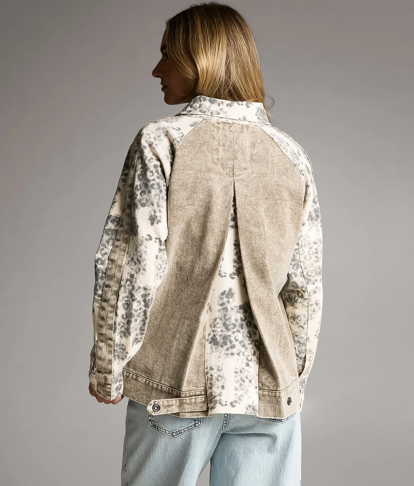 BKE Cheetah Print Denim Jacket Cream Olive Outlet